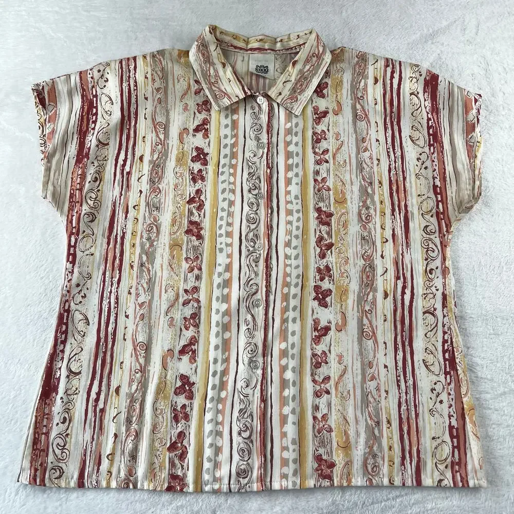 Nikki Vintage Women's Button Down Blouse Floral Stripe Tan Maroon Size 11/12